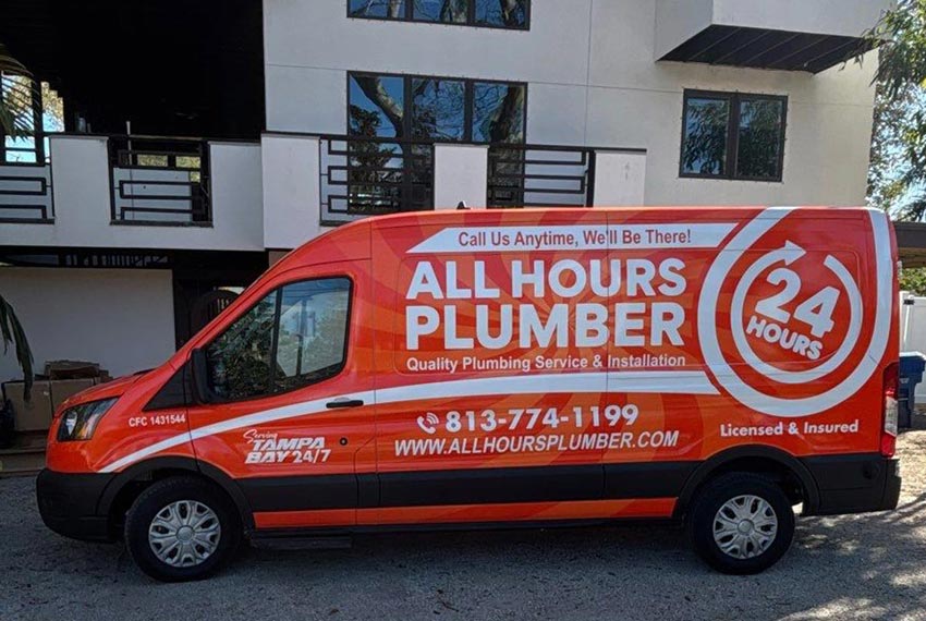 All Hours Plumber Service Van in front of a residential home in Tampa, FL