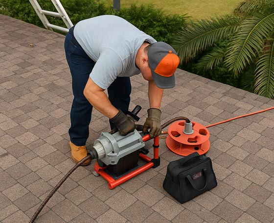 Plumber from All Hours Plumber on a roof clearing a clogged drain from a roof vent using a Rigid K60 drain cleaning machine at a house in Tampa