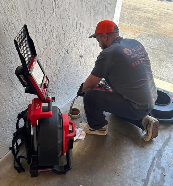 All Hours Plumber using a drain cable machine and video drain camera to clear a clog at a cleanout.