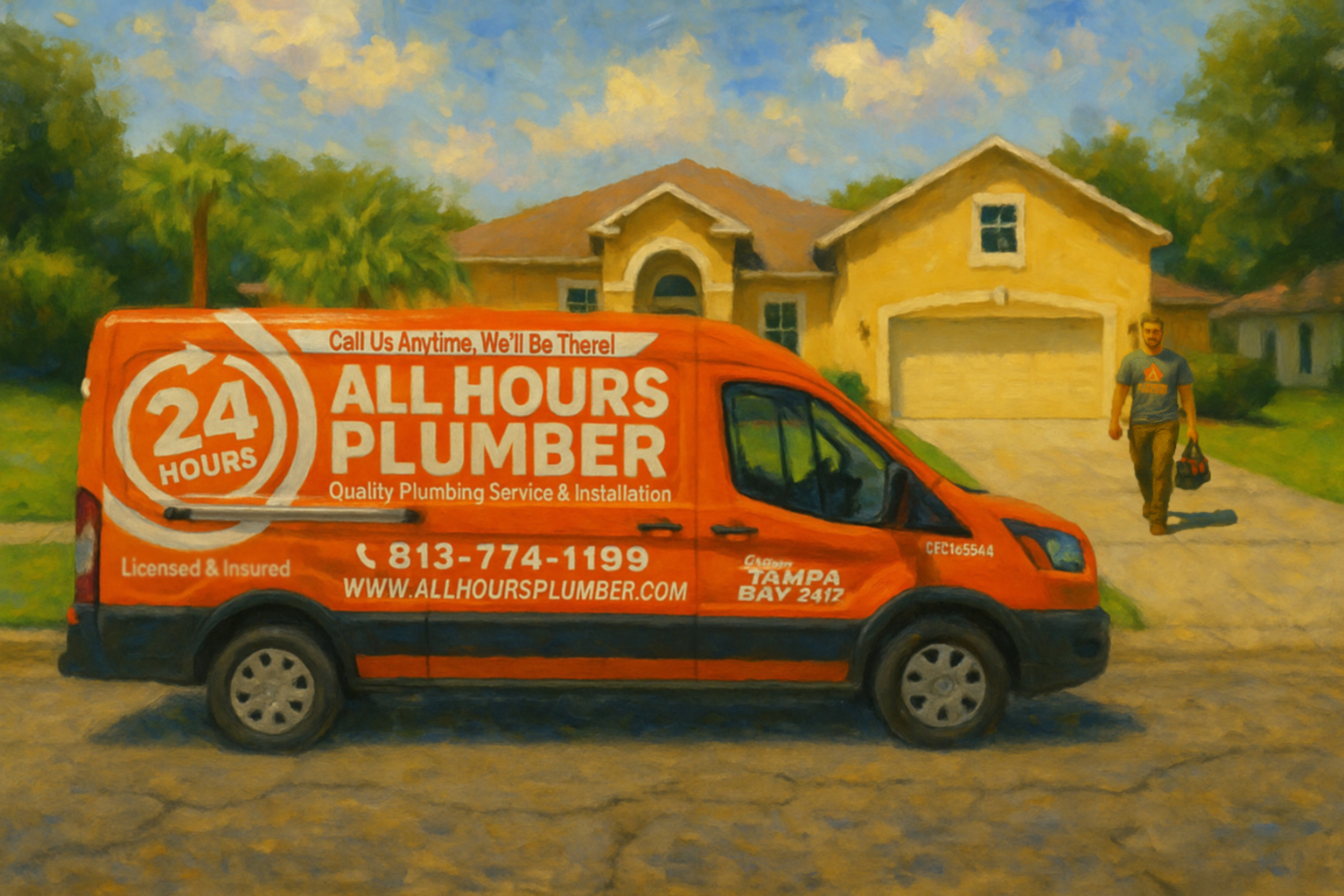 Impressionist rendering of a All Hours Plumber van and plumber in front of a Tampa home.