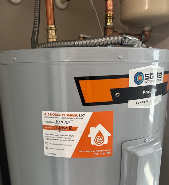 State brand, 40 Gallon electric water heater installed in a home in Tampa by All Hours Plumber