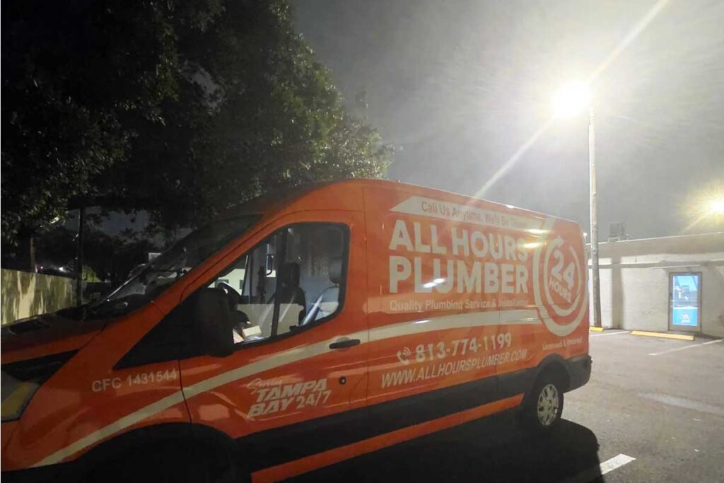 All Hours Plumber service van at an emergency plumbing service call in the middle of the night.