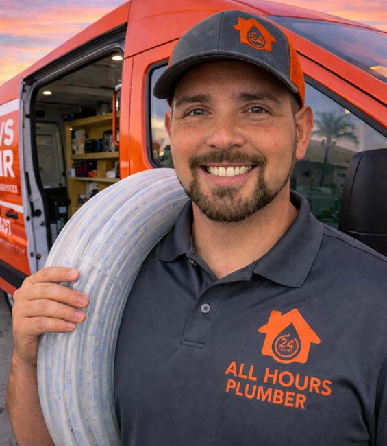 Plumber from All Hours Plumber standing in front of a service van holding a roll of PEX-A water lines over his shoulder.
