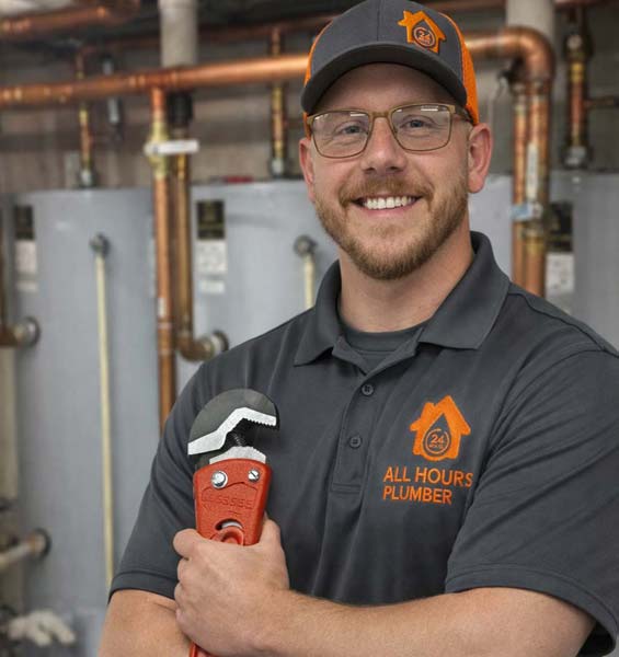 Uniformed plumber from All Hours Plumber holding a red pipe wrench with arms folded standing in front of commercial water heaters.