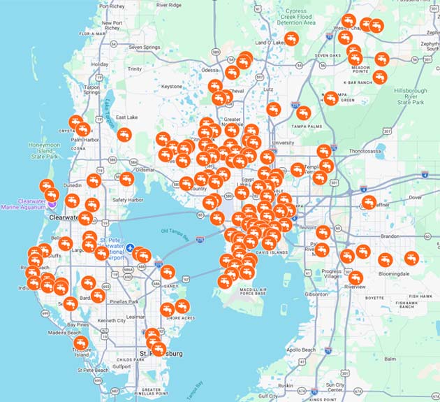 Map of the Tampa Bay Area showing the service areas of All Hours Plumber