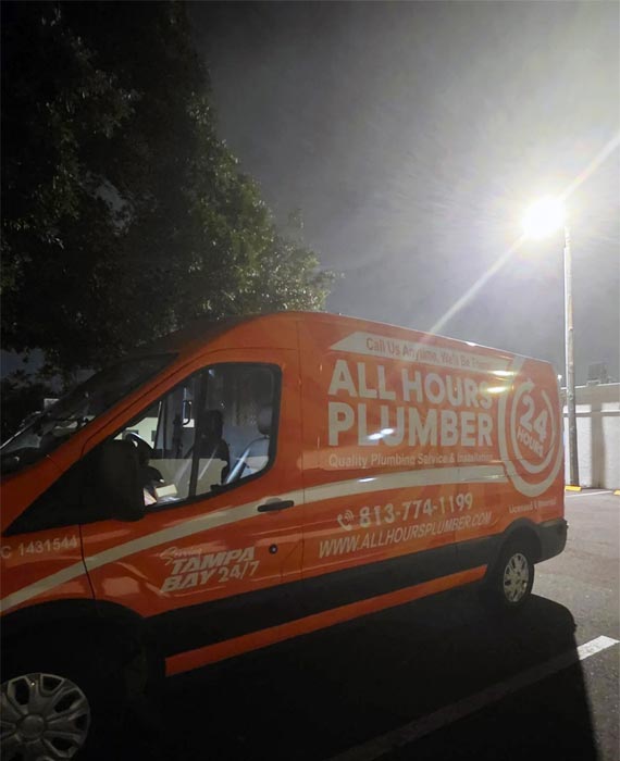 All Hours Plumber service van at an emergency service call in the middle of the night in Temple Terrace, FL