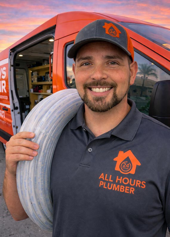 Plumber from All Hours Plumber with a roll of PEX-A piping leaving a service van ready to repair leaking pipes in a Temple Terrace home.