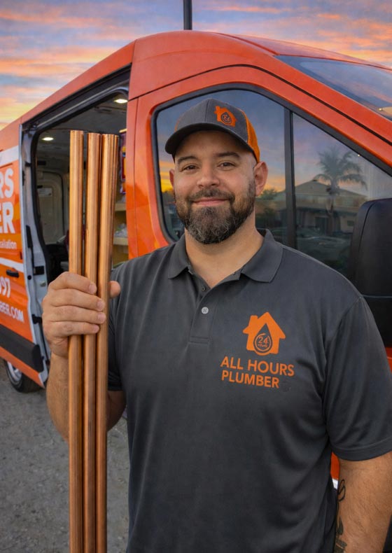 Plumber from All Hours Plumber outside a service van holding copper pipes ready to make repairs
