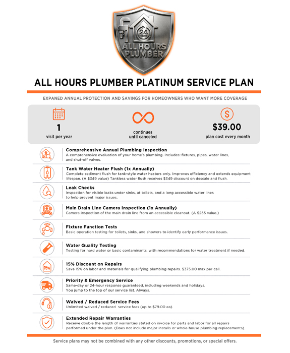 Platinum Plumbing Service Plan for homeowners who want the highest repair savings and priority when a plumbing problem needs attention.